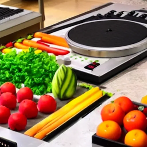 Image similar to film still of fresh fruits and vegetables making beats on an mpc