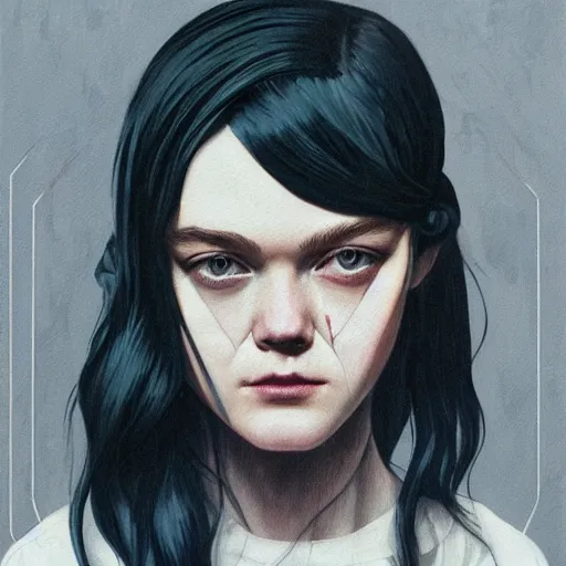 Prompt: Elle Fanning in Dead Space picture by Sachin Teng, asymmetrical, dark vibes, Realistic Painting , Organic painting, Matte Painting, geometric shapes, hard edges, graffiti, street art:2 by Sachin Teng:4