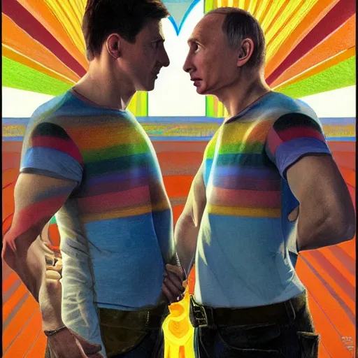 Prompt: Putin kissing his twin Putin wearing a rainbow shirt, LGBTQ, highly detailed, digital painting, artstation, concept art, sharp focus, illustration, art by greg rutkowski and alphonse mucha