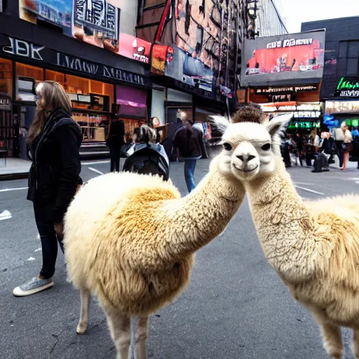 Prompt: <photo hd dslr location='New York City'>Two people in front of a store</photo><photobomb>Alpaca</photobomb>