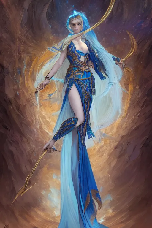 Prompt: a female magician elf holding her staff, blue colors, fantasy, intricate, elegant, epic highly detailed, digital painting, artstation, concept art, smooth, sharp focus, illustration, art by artgerm and greg rutkowski and alphonse mucha