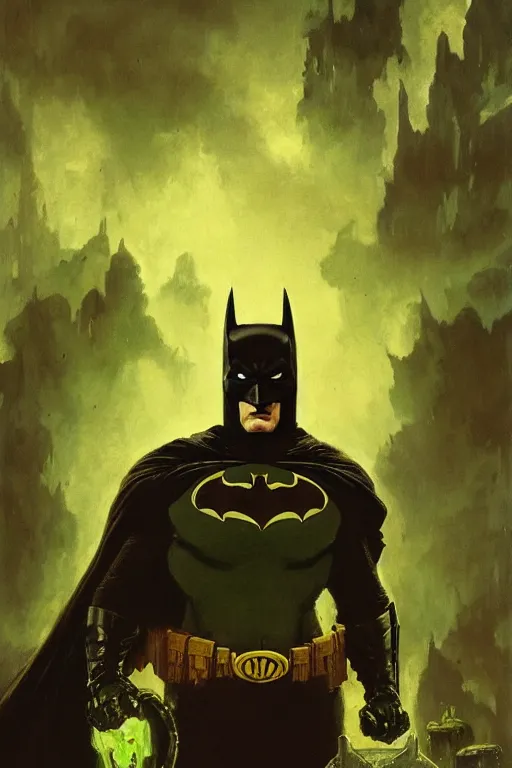 Image similar to angry batman, with dark ghost smokes around, green scary lights, sci - fi, fantasy, intricate, dark fantasy color scheme, gaston bussiere, craig mullins, j. c. leyendecker, frank frazetta, cinematic, mysterious, artgem, unreal engine