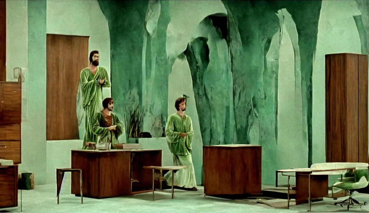 Image similar to a still of severance series indoor 7 0 s green velvet and wood with metal furniture office scenario appearing in a film of parajadnov, in movie color of the pomegranates ( 1 9 6 9 )