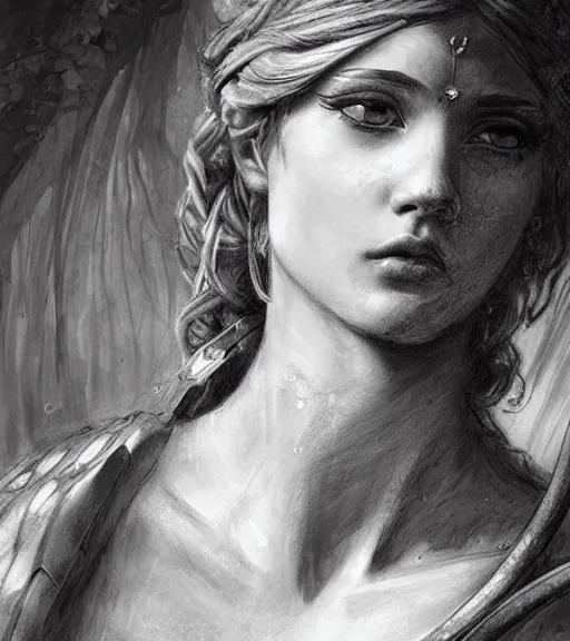 Image similar to beautiful young aphrodite goddess as an archer warrior, realistic face, beautiful eyes, black and white drawing, in the style of greg rutkowski, fantasy, amazing detail, epic, intricate, elegant, smooth, sharp focus