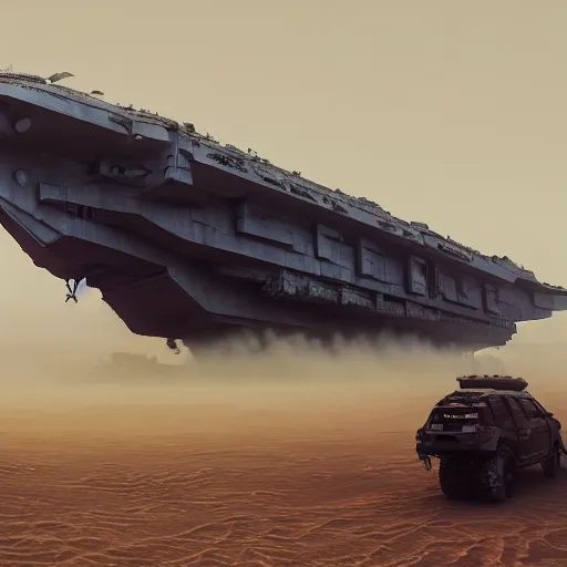 Prompt: cyberpunk cinematic scene of a wreckage of a gigantic stranded sci-fi aircraft carrier in the desert surrounded by dunes, quads and jeeps Madmax style. Haze and a sandstorm is gathering in the sky, gloomy mood, epic scene, hyperrealistic, intricate detail, photo-realistic. Cinematic and volumetric light. Epic concept art. Octane render and Unreal Engine