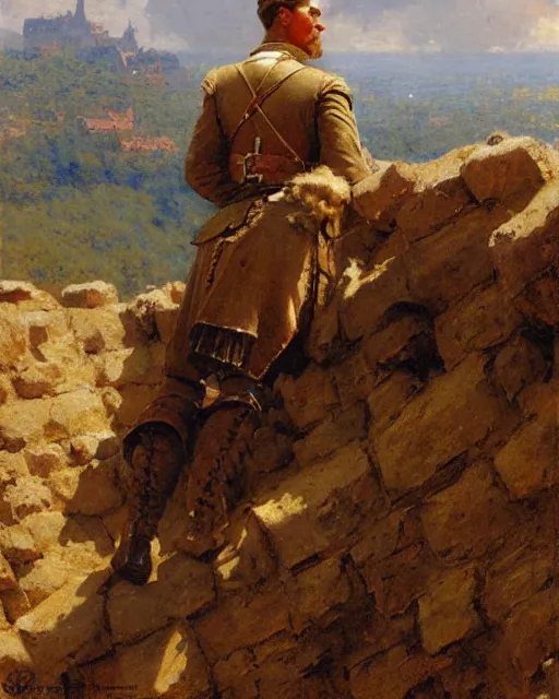 Image similar to muscular, rugged german soldier watches the horizon from on top of a castle wall, painting by gaston bussiere, craig mullins, j. c. leyendecker