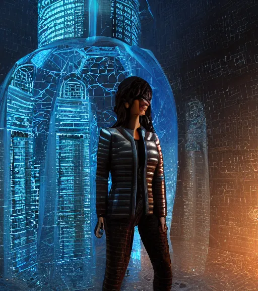 Image similar to selfie of tarkovsky greatest scene, hologram of the ancient destroyed majestic tower of babylon, a woman in futuristic cyber clothing, transparent puffer jacket, hyperealistic, blockchain, cyber world, ambient lighting, concept art, intricate, hyperdetailed, smooth, dynamic volumetric lighting, ocatane render, ray trace, cinematic, high quality, cgsociety