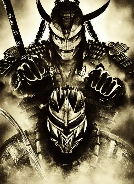 Prompt: movie film poster art for samurai vs predator film staring hiroyuki sanada. in the style of ansel adams, frank frazzetta, warcraft