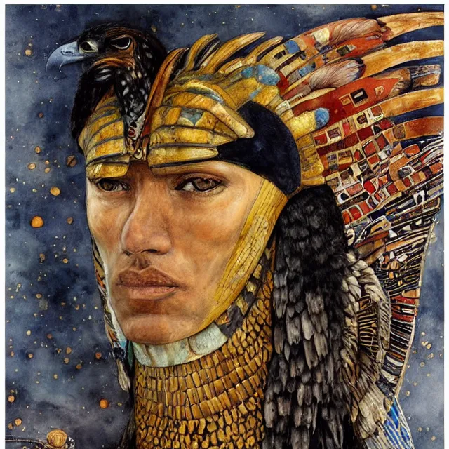 Prompt: expresionistic watercolor of Horus the falcon headed egyptian god, by Enki Bilal, by Gustav Klimt, by Peter Mohrbacher, graffiti paint, vintage, splatters, scratches, trending on artstation