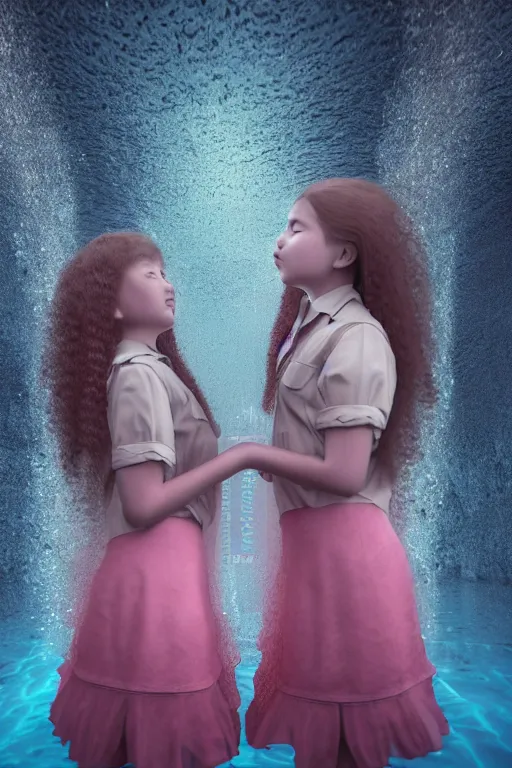 Image similar to 3d realistic dramatic infrared photo of two schoolgirls sisters with a realistic face and curly hair standing and hugging in a dark subway station under water in Japan. Close-up portrait. There are pink palm trees and translucent glow jellyfish flying around. Volumetric composition. Pastel colors in the style of Hiro Kiyohara, redshift, octane, trend artstation, cinematic, hyper realism, high detail, 8k