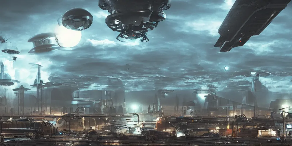 Image similar to alien spacecraft hovering over busy space port surrounded by alien robots, steel archways, industrial buildings, rusty metal towers, sun setting, cinematic lighting, digital painting, octane render