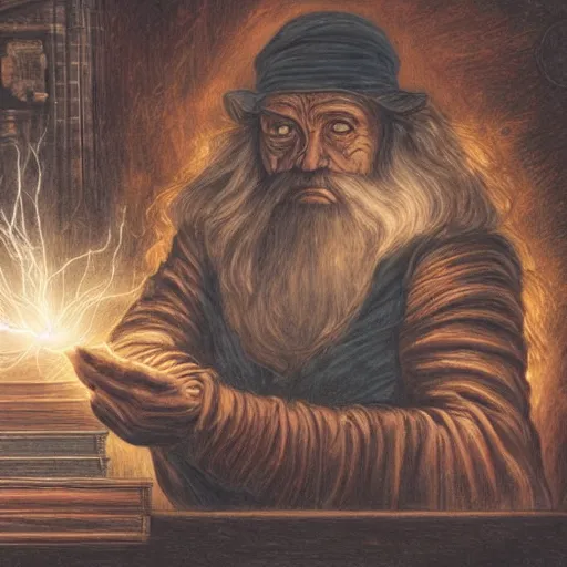 Prompt: wizard in ancient workshop summoning ball lightning in his hands. many books like a library. Lots of scientific equipment. Outside the high window, lighting illuminates storm clouds