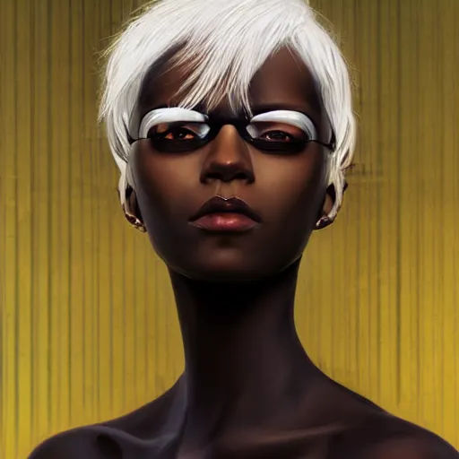 Prompt: dream portrait girl cyberpunk, dark skin, white hair, realistic shaded, fine details, cyberpunk, realistic shaded lighting by Ilya Kuvshinov and Gustav Klimt