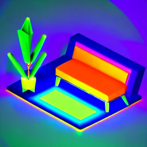 Image similar to isometric object is a low poly isometric sofa with alien aesthetic inspired by pandora in the avatar movie, it has bioluminescent plants growing on top of it, beautiful neon orange - yellow with blue hints and it's bedecked with some sparkling crystals all over the place. black background, night isometric artstation neon. behance, pinterest