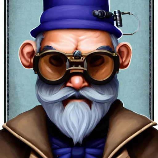 Image similar to a front-facing portrait of an old man with a grey beard and blue hair wearing steampunk goggles, dungeons and dragons character art, highly-detailed illustration, Artstation