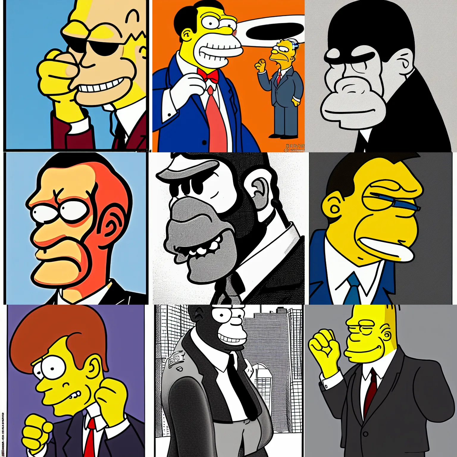 Prompt: portrait of an ape in a business suit, side profile, highly detailed cartoon by bruce timm, simpsons style