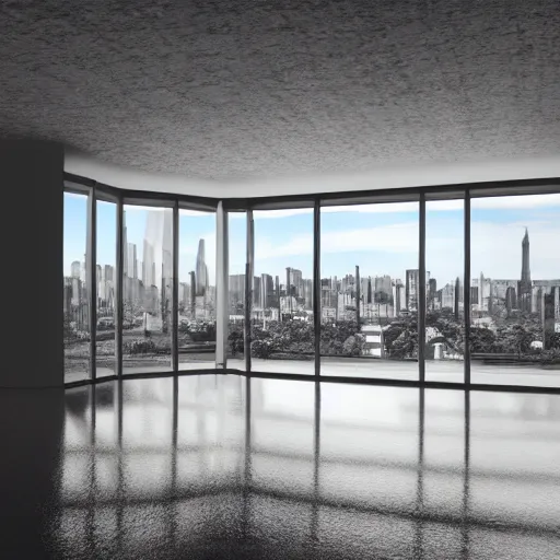 Prompt: a photorealistic digital painting of an empty modern apartment full of amenities overlooking an empty city through a huge glass window