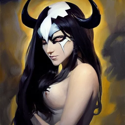 Prompt: greg manchess portrait painting of albedo from nazarick with dark long hair and white horns and wings as overwatch character, medium shot, asymmetrical, profile picture, organic painting, sunny day, matte painting, bold shapes, hard edges, street art, trending on artstation, by huang guangjian and gil elvgren and sachin teng