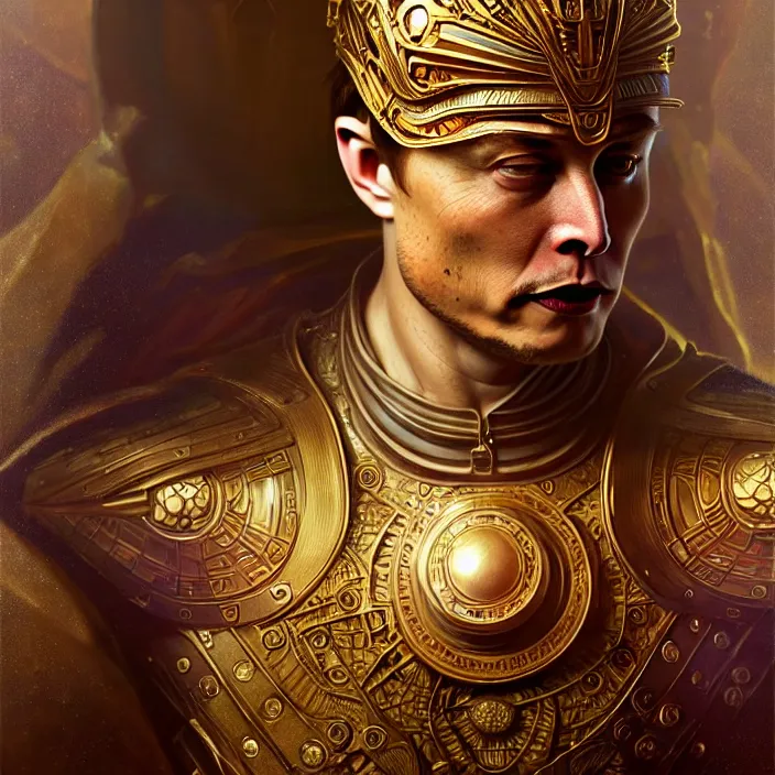 Image similar to ancient king elon musk, symetrical, diffuse lighting, fantasy, intricate, elegant, highly detailed, lifelike, photorealistic, digital painting, artstation, illustration, concept art, 4 k, smooth, sharp focus, art by john collier and albert aublet and krenz cushart and artem demura and alphonse mucha