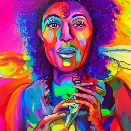 Image similar to A colorful painting of a joyful artist playing with her creativity in the infinite loving universe by Brenda Zlamany and Craig Wylie, Trending on artstation.