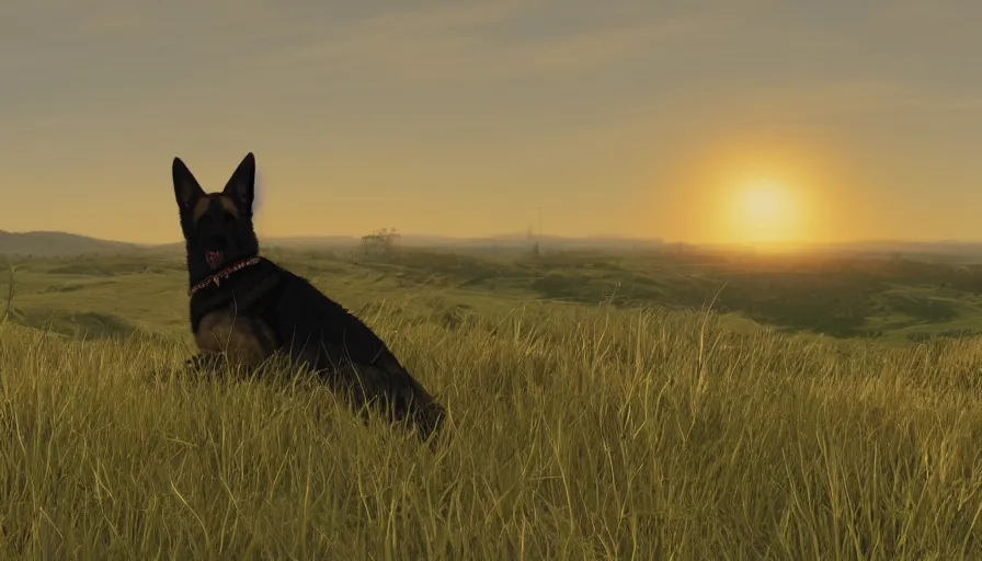 Image similar to back view of german shepherd watching the sun sitting on the hill, hyperdetailed, artstation, cgsociety, 8 k