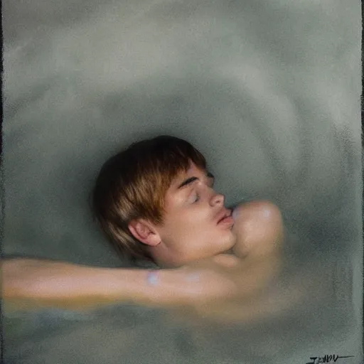 Image similar to justim bieber laying in milk, cinematic, cottage core, cinematic focus, polaroid photo bleached vintage pastel colors high - key lighting, soft lights, foggy, by steve hanks, by lisa yuskavage, by serov valentin, by tarkovsky, 8 k render, detailed, oil on canvas