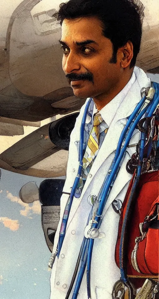 Prompt: close up of an Indian doctor in scrubs disembarking from an airplane at Heathrow in 2022, sun shining, photo realistic illustration by greg rutkowski, thomas kindkade, alphonse mucha, loish, norman rockwell.