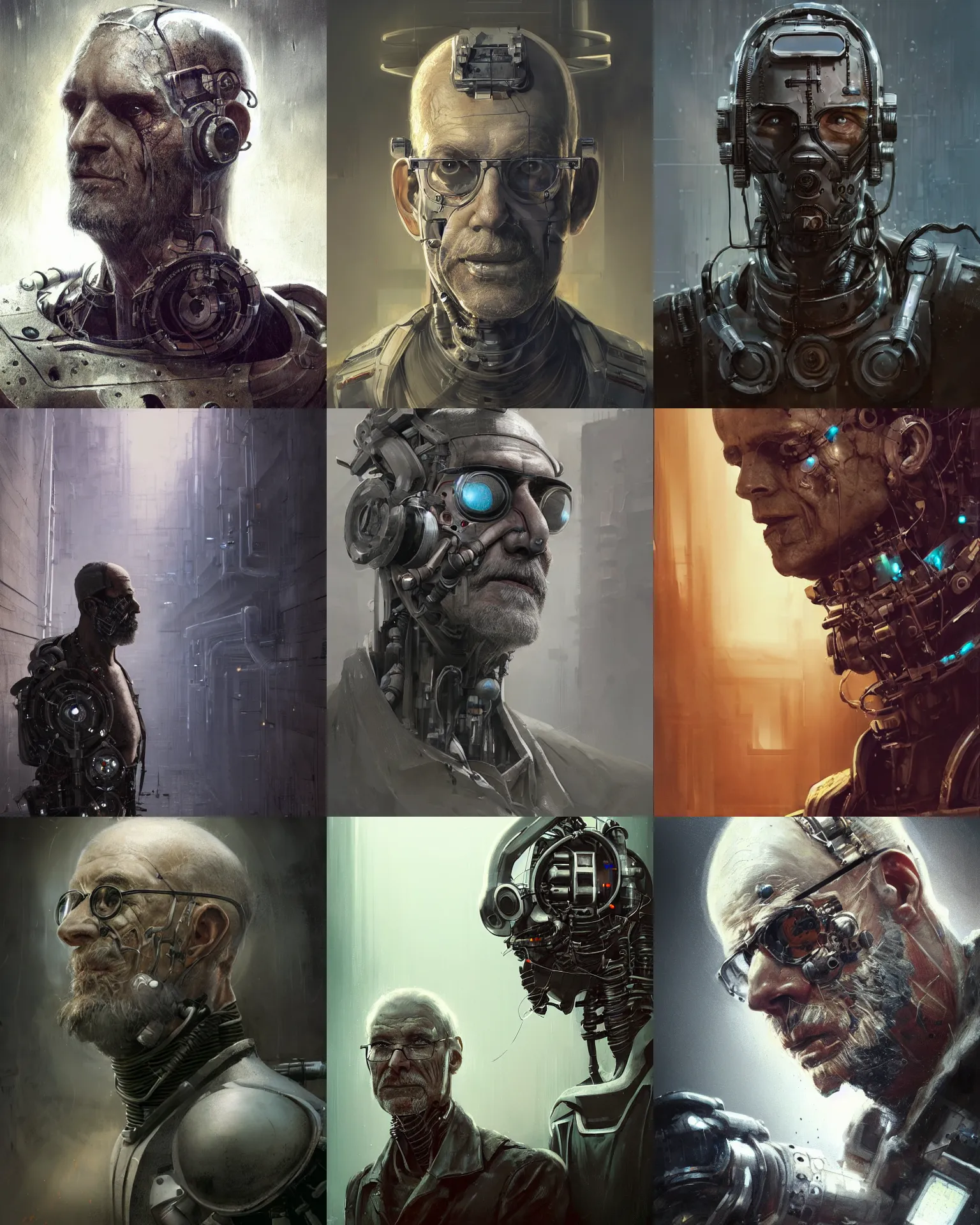 Prompt: a half - masked rugged old laboratory engineer man with cybernetic enhancements as seen from a distance, scifi character portrait by greg rutkowski, esuthio, craig mullins, 1 / 4 headshot, cinematic lighting, dystopian scifi gear, gloomy, profile picture, mechanical, half robot, implants, steampunk