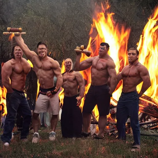 Prompt: bodybuilders stand around a bonfire, eating protein, protein! protein! protein!, photograph, by christopher bailey