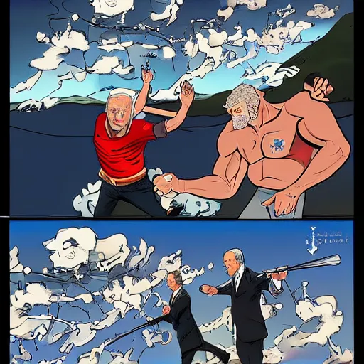 Image similar to action sequence between Putin and Biden as manga art by Toyotarou