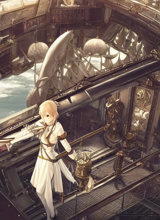 Image similar to character portrait of the white herald on the deck of an imperial airship in the sky, hidari, color page, tankoban, 4K, tone mapping, Akihiko Yoshida.