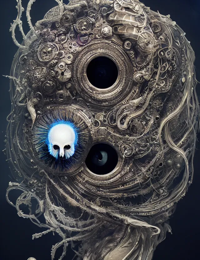 Prompt: eye of god macro close - up portrait with mask made of ram skull. betta fish, jellyfish phoenix, plasma, water, wind, creature, super intricate ornaments artwork by tooth wu and wlop and beeple and greg rutkowski