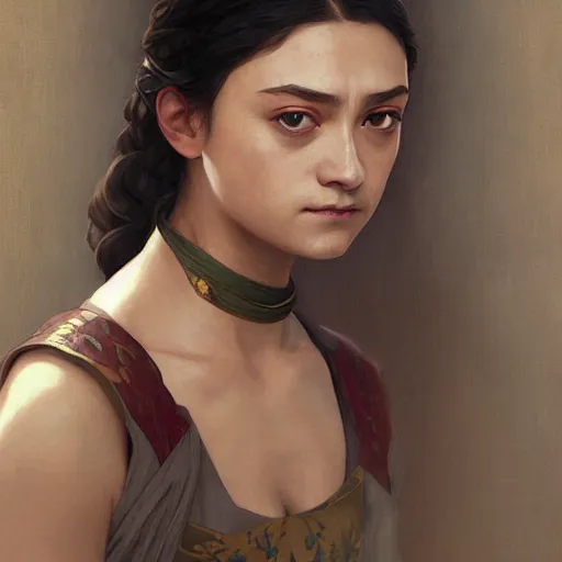 Image similar to Portrait of arya stark in ancient bali, elegant, digital painting, highly detailed, fantasy, artstation, concept art, smooth, sharp focus, illustration, art by William-Adolphe Bouguereau and artgerm and greg rutkowski and alphonse mucha