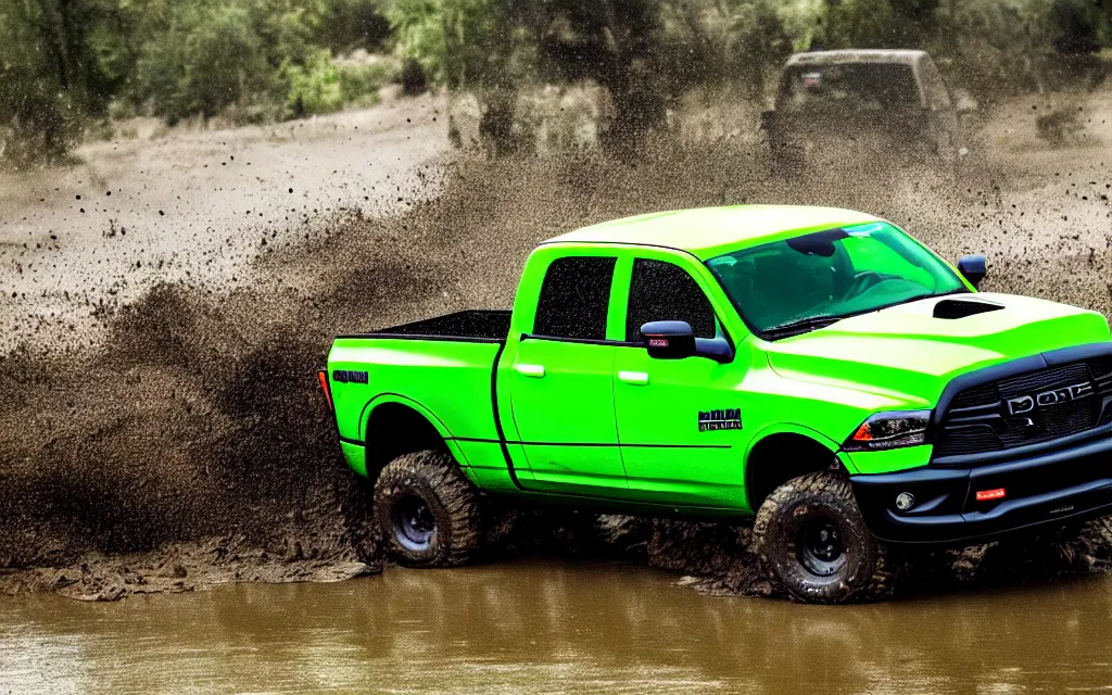 Prompt: Ultra HD Photo of a Neon Green Dodge Ram Truck driving through mud