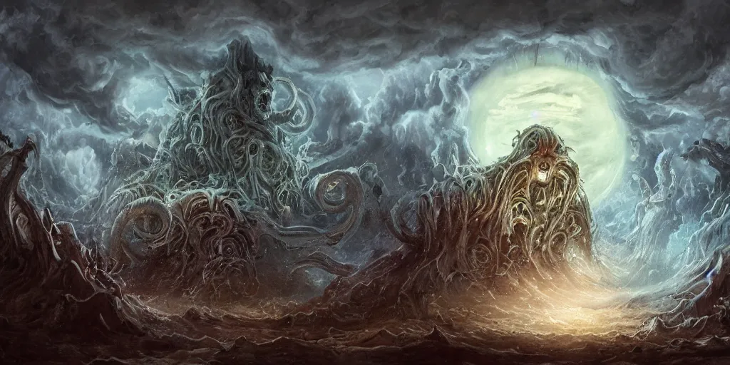 Prompt: concept art of giant ghast, lovecraftian, renaissance, roaring, melting horror, round moon, rich clouds, fighting the horrors of the unknown, mirrors, very detailed, volumetric light, mist, grim, fine art, decaying, textured oil over canvas, epic fantasy art, very colorful, ornate scales, anato finnstark