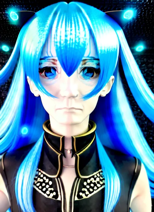 Image similar to a hologram of rimuru tempest, sky blue hair, golden eyes, wearing a black stylish jacket, pixiv 3 d render, holography, irridescent, covered by baroque bedazzled ornamental frames