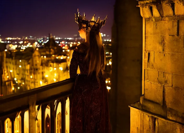 Prompt: a beautiful queen stands on a balcony overlooking a fantasy medieval gothic city, night, glow rays, 3 5 mm photography