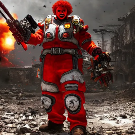 Prompt: ronald mcdonald clown in gears of war, cinematic shot, hyperdetailed