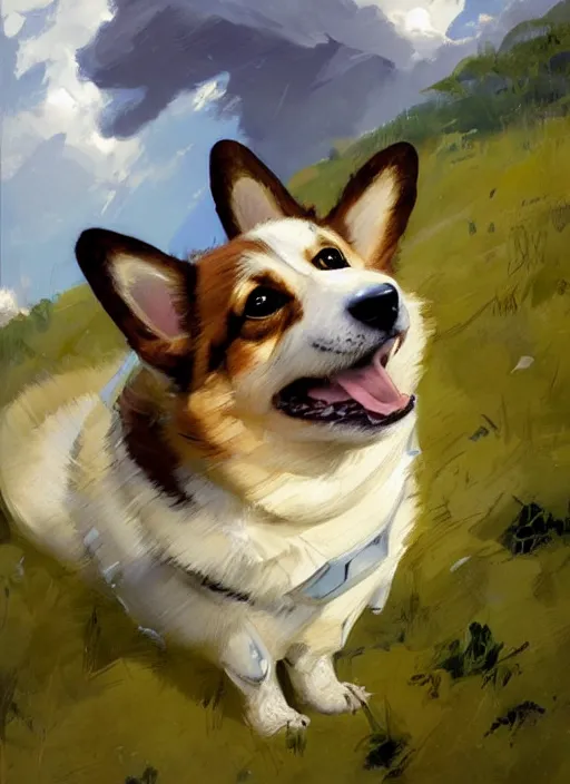 Prompt: Greg Manchess painting of a Corgi from Metroid Prime wearing Forerunner Armor from Halo, countryside, calm, fantasy character portrait, dynamic pose, above view, sunny day, thunder clouds in the sky, artwork by Jeremy Lipkin and Giuseppe Dangelico Pino and Michael Garmash and Rob Rey, very coherent asymmetrical artwork, sharp edges, perfect face, simple form, 100mm