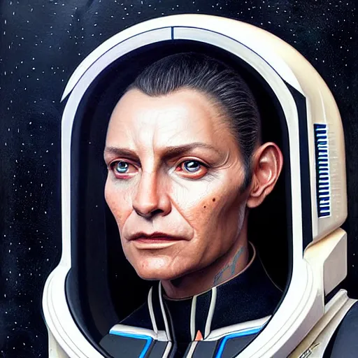 Image similar to UHD Photorealistic Felline-human hybrid Starfleet Officer wearing a spacesuit with hyperrealistic, correct details, cosmic dynamic lighting, symmetrical face, accurate face, in the style of art nouveau by Greg Rutkowski