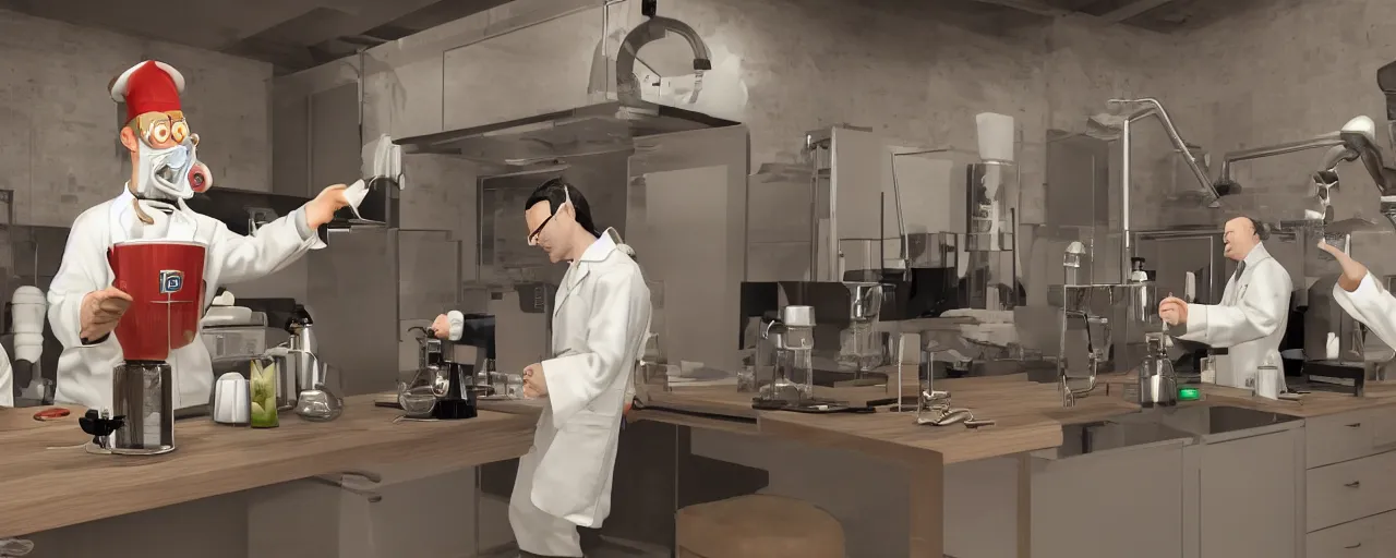 Image similar to a hyper complex drip coffee maker in the 1 9 7 0 s era kitchen, a coffee scientist dressed in a lab coat taste testing the coffee hownosm and james jean, ultimate collab, epic, unreal engine 5, coming to life popping out of the wall 3 d, h 6 4 0