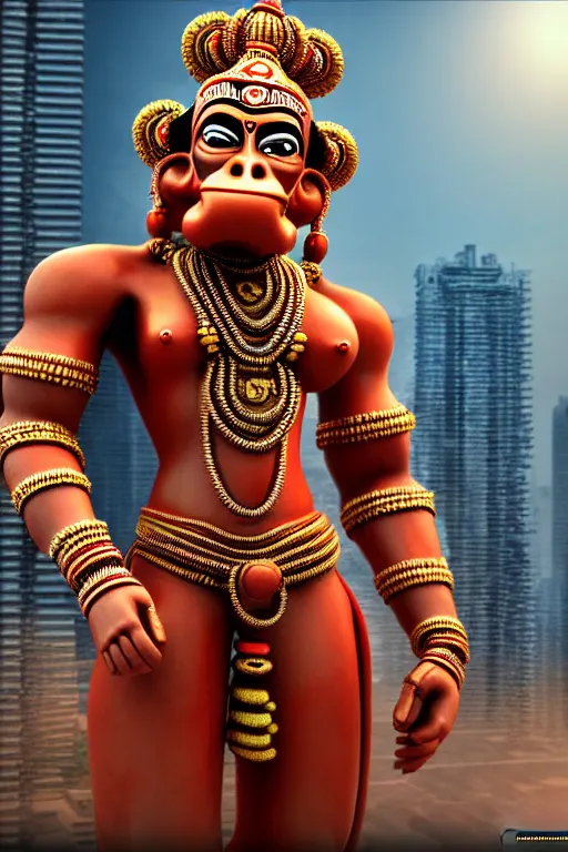 Image similar to high quality 3 d render cyborg hanuman! madhubani, highly detailed, cyberpunk!! mumbai in the background, unreal engine cinematic smooth, szukalski ravi varma, moody light, low angle, uhd 8 k, sharp focus