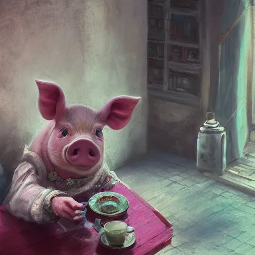 Prompt: portrait painting of a cute pig wearing a skirt drinks coffee in a shabby chinese room by wenjun lin, irakli nadar, bright colors, octopath traveler, wenjun lin, unreal engine 5 highly rendered, global illumination, 9 radiant light, detailed and intricate environment