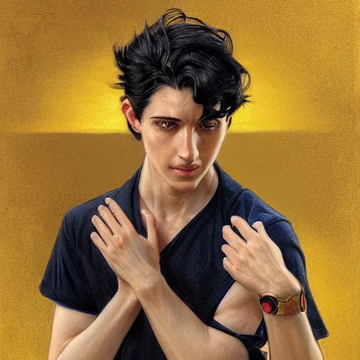 Image similar to ultra realistic illustration, a young man with black hair, in a yellow t - shirt, with blue eyes, highly detailed, digital painting, artstation, concept art, smooth, sharp focus, illustration, art by artgerm and greg rutkowski and alphonse mucha