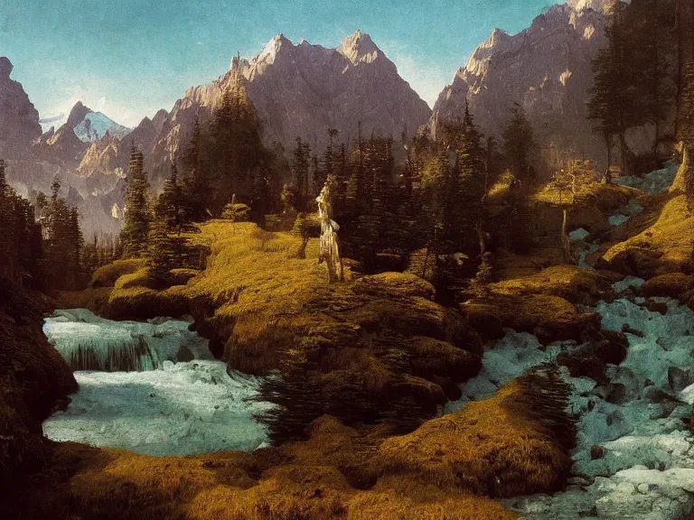 Image similar to an oil painting of an alpine river and a distaint mountain on a beautiful morning by beksinski carl spitzweg and tuomas korpi. baroque elements, full-length view. baroque element. intricate artwork by caravaggio. Trending on artstation. 8k