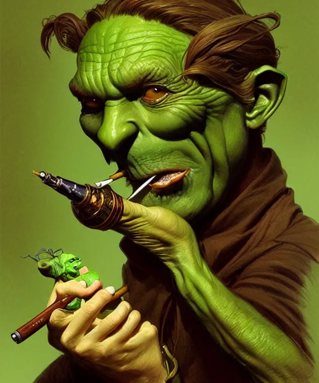 Image similar to a green-skinned goblin smoking a pipe, portrait, intricate, elegant, highly detailed, smooth, sharp focus, art by artgerm and greg rutkowski and alphonse mucha