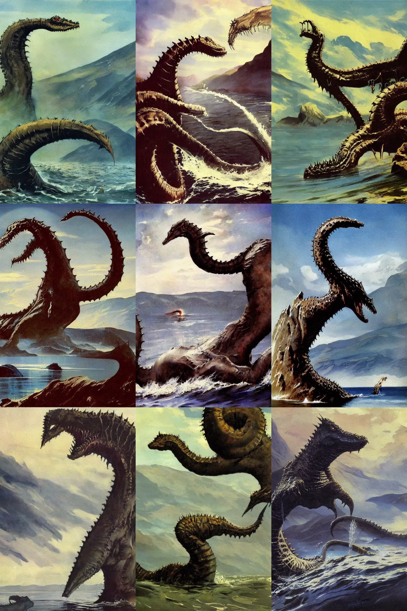 Prompt: stunnig painting of the loch ness monster by frank frazetta, very detailed, great composition, epic, high quality