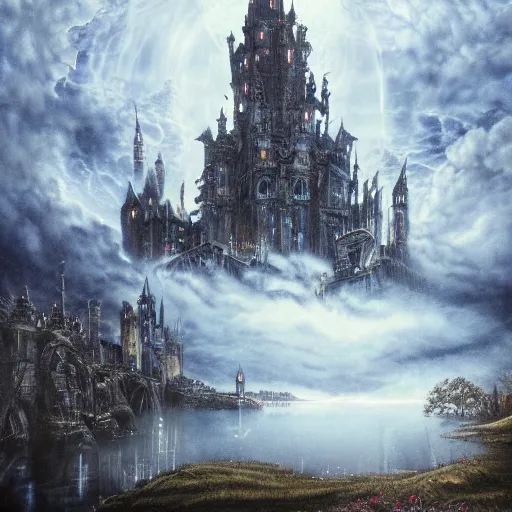 Prompt: a gigantic tall upside-down surreal elaborate inverted dark gothic stone castle descending from the clouds above a lake at midnight, illustration by Ayami Kojima, dramatic lighting, concept art, hyperdetailed, 4k