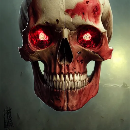Image similar to a highly detailed skull intervowen with the background, bloodshot red real human eyes in the sockets, detailed painting, by artgerm, WLOP, Greg Rutkowski