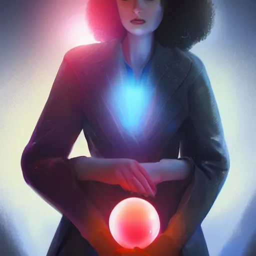 Image similar to a woman in a futuristic suit holding a glowing ball, a character portrait by Bernardino Mei, deviantart contest winner, digital art, digital painting, speedpainting, futuristic